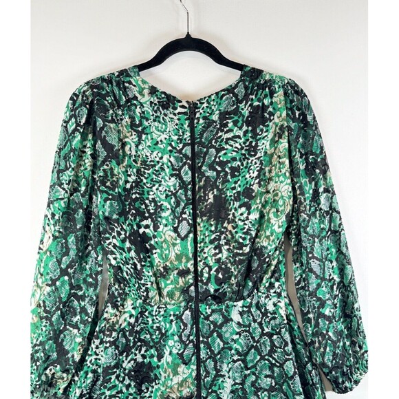 Alice Olivia Dress Green Rita Silk Mini Fit Flare Snakeskin V Neck A Line Size 4 - Picture 11 of 13